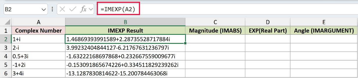 =IMEXP(A2) in B2