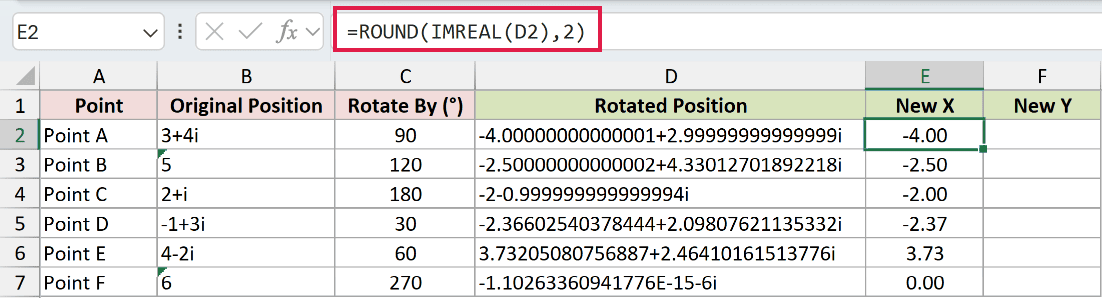 =ROUND(IMREAL(D2),2) in E2
