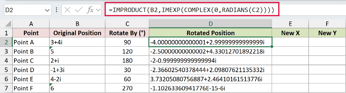 =IMPRODUCT(B2,IMEXP(COMPLEX(0,RADIANS(C2)))) in D2