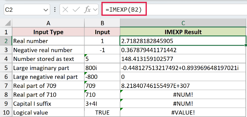 =IMEXP(B2) in C2