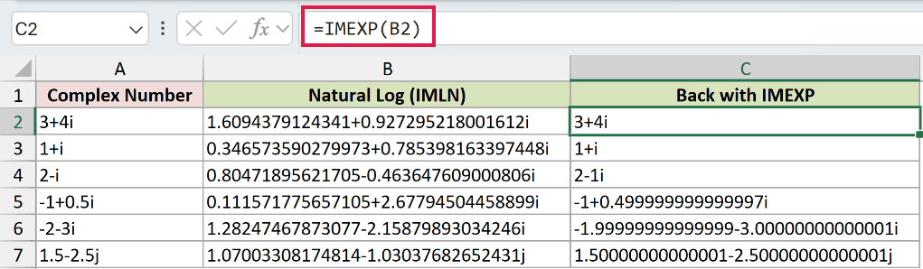 =IMEXP(B2) in C2