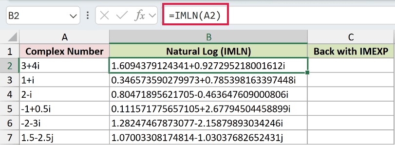 =IMLN(A2) in B2