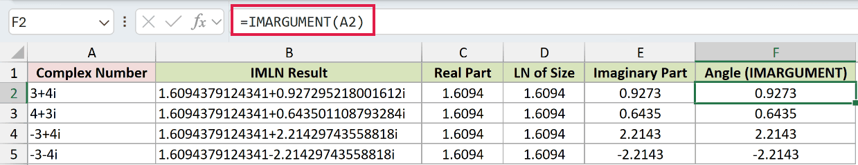 =IMARGUMENT(A2) in F2