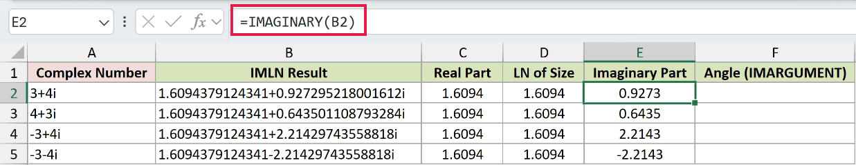 =IMAGINARY(B2) in E2
