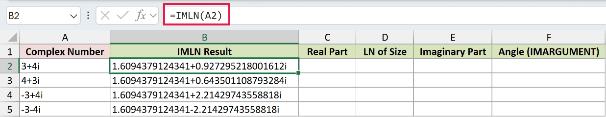 =IMLN(A2) in B2