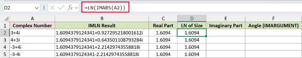 =LN(IMABS(A2)) in D2