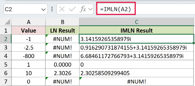 =IMLN(A2) in C2