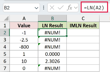 =LN(A2) in B2