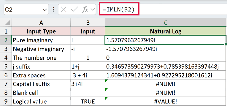 =IMLN(B2) in C2