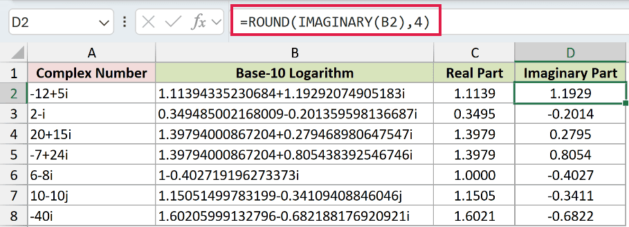 =ROUND(IMAGINARY(B2),4) in D2