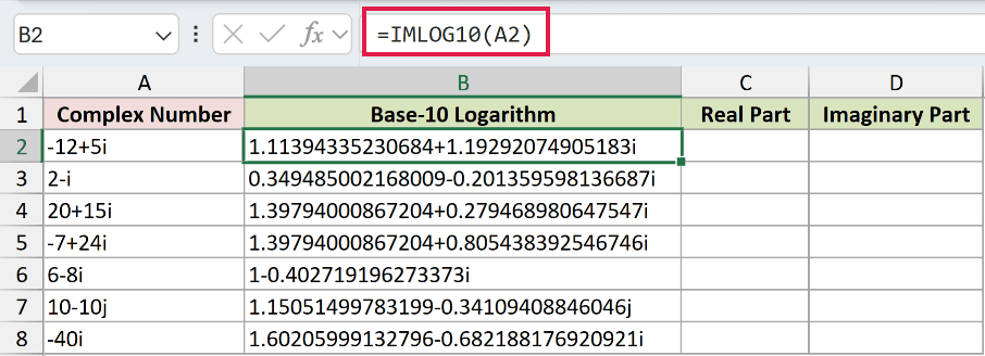 =IMLOG10(A2) in B2