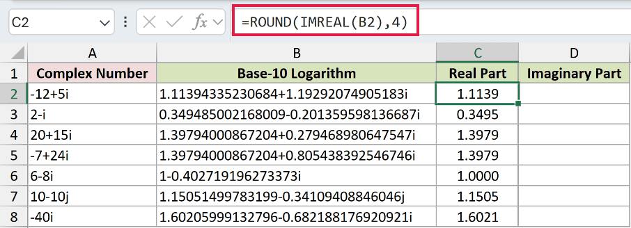 =ROUND(IMREAL(B2),4) in C2