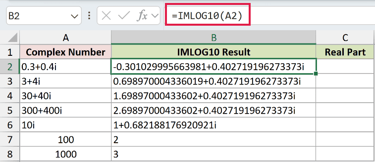 =IMLOG10(A2) in B2