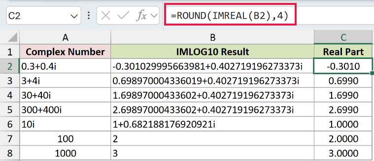 =ROUND(IMREAL(B2),4) in C2