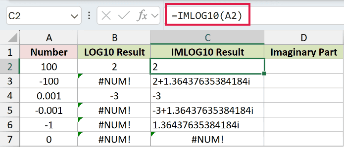 =IMLOG10(A2) in C2
