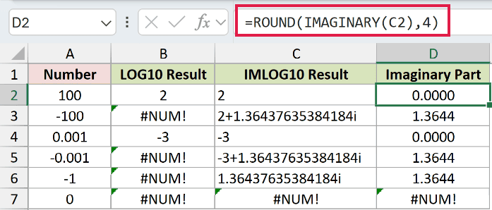 =ROUND(IMAGINARY(C2),4) in D2