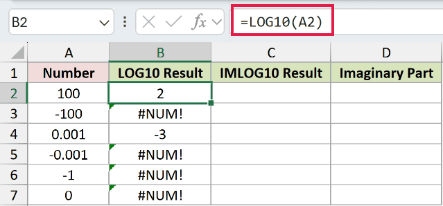 =LOG10(A2) in B2