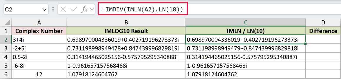 =IMDIV(IMLN(A2),LN(10)) in C2