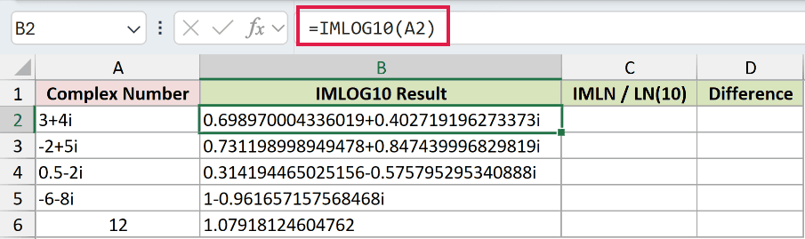 =IMLOG10(A2) in B2