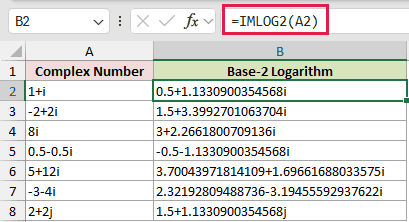 =IMLOG2(A2) in B2