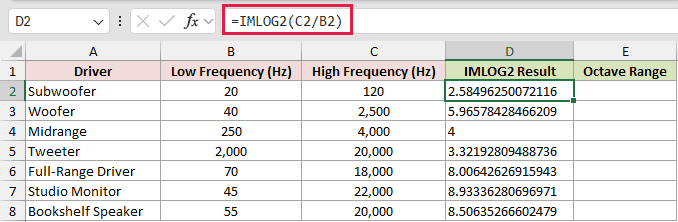 =IMLOG2(C2/B2) in D2