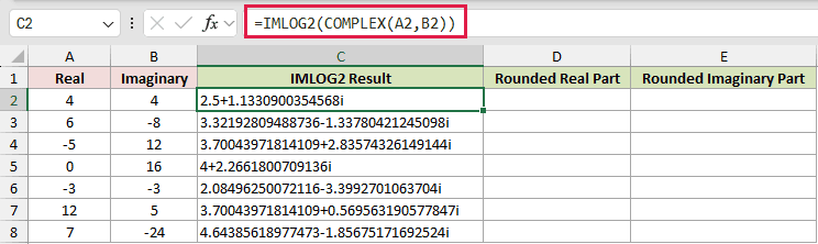 =IMLOG2(COMPLEX(A2,B2)) in C2