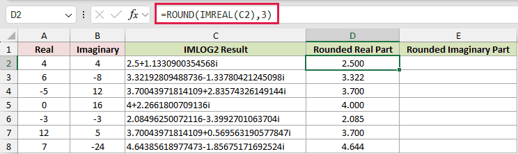 =ROUND(IMREAL(C2),3) in D2