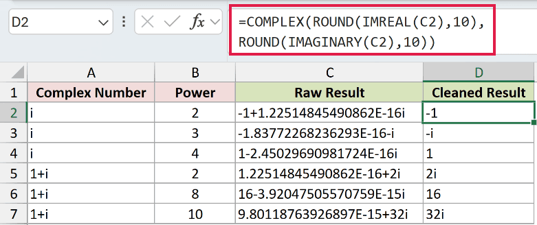 =COMPLEX(ROUND(IMREAL(C2),10),ROUND(IMAGINARY(C2),10)) in D2