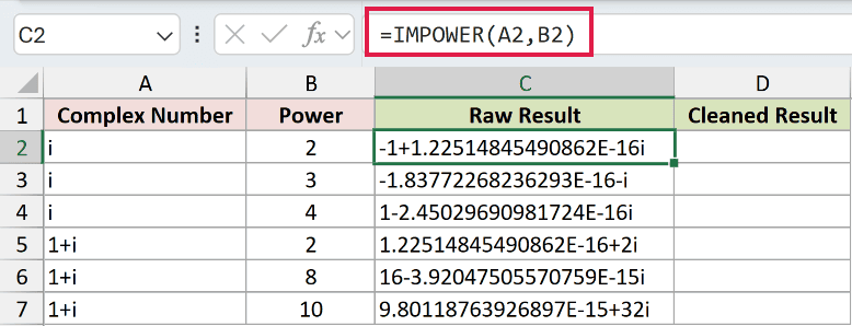 =IMPOWER(A2,B2) in C2