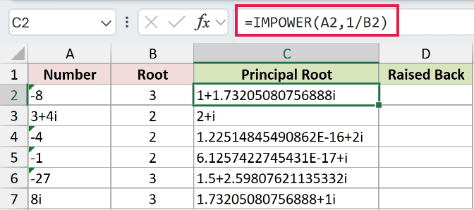 =IMPOWER(A2,1/B2) in C2