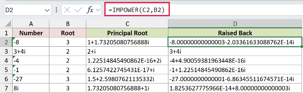 =IMPOWER(C2,B2) in D2