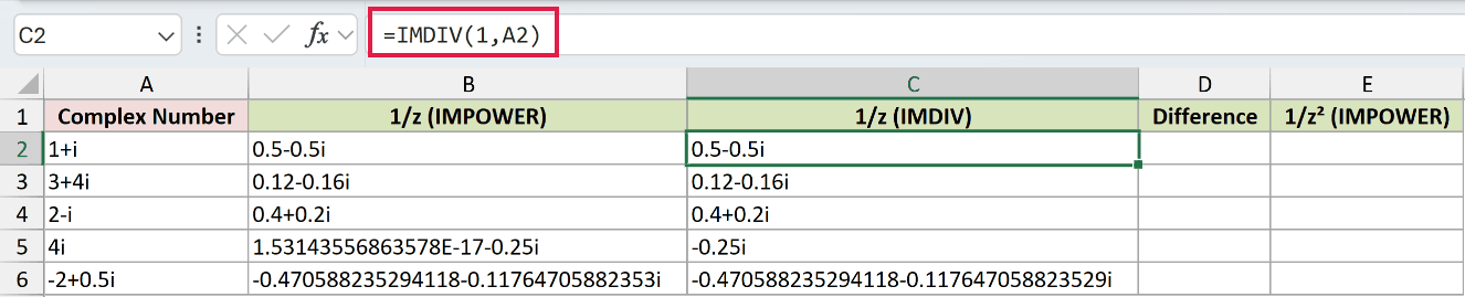 =IMDIV(1,A2) in C2