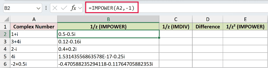 =IMPOWER(A2,-1) in B2