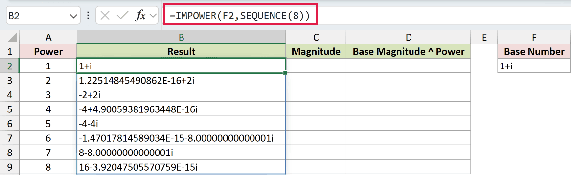 =IMPOWER(F2,SEQUENCE(8)) in B2