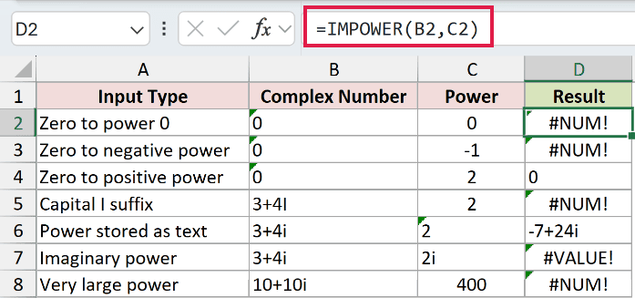 =IMPOWER(B2,C2) in D2