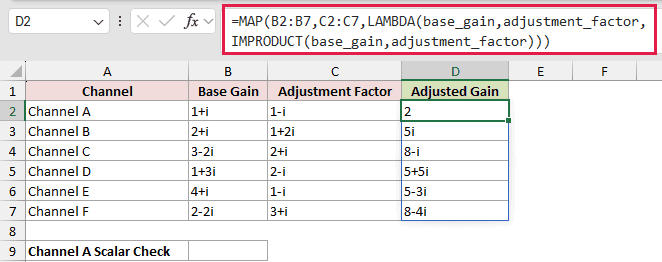 Multiply Paired Complex Numbers With MAP: formula in D2 and its calculated results in Excel.