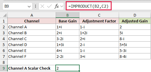 Multiply Paired Complex Numbers With MAP: formula in B9 and its calculated results in Excel.