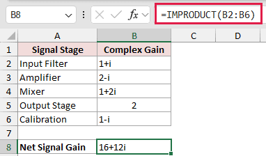 Multiply a Range of Complex Numbers: formula in B8 and its calculated results in Excel.