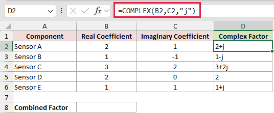 Build j-Form Numbers With COMPLEX: formula in D2 and its calculated results in Excel.