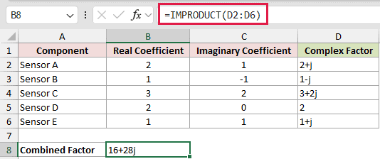 Build j-Form Numbers With COMPLEX: formula in B8 and its calculated results in Excel.