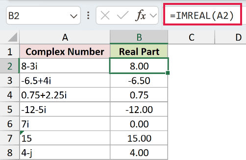 =IMREAL(A2) in B2