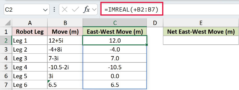 =IMREAL(+B2:B7) in C2