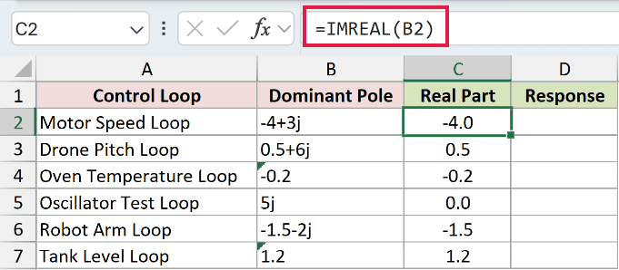 =IMREAL(B2) in C2