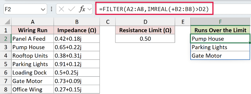 =FILTER(A2:A8,IMREAL(+B2:B8)>D2) in F2