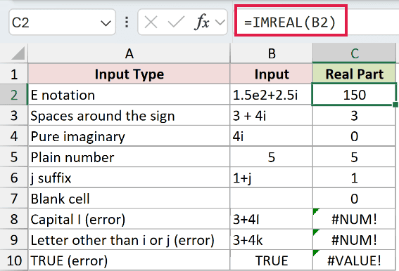 =IMREAL(B2) in C2