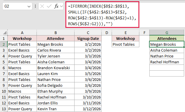 INDEX SMALL IF formula returning the four Pivot Tables attendees in G2:G5