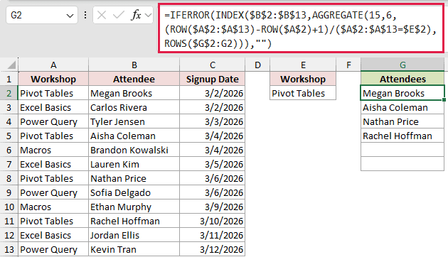 INDEX AGGREGATE formula returning the four Pivot Tables attendees in G2:G5