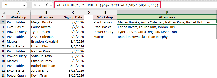 TEXTJOIN formula joining all attendees for each workshop into one cell