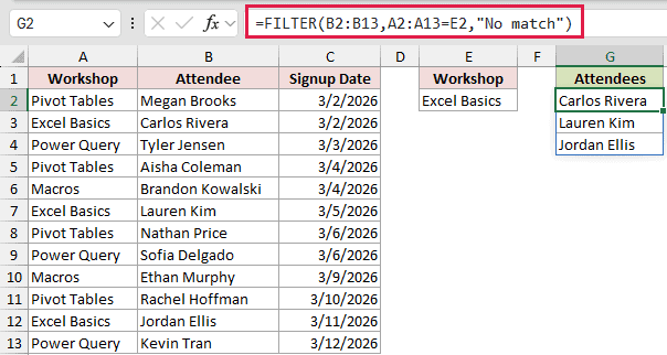 FILTER result resized to three attendees after changing E2 to Excel Basics