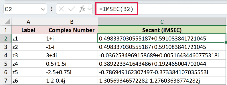 =IMSEC(B2) in C2